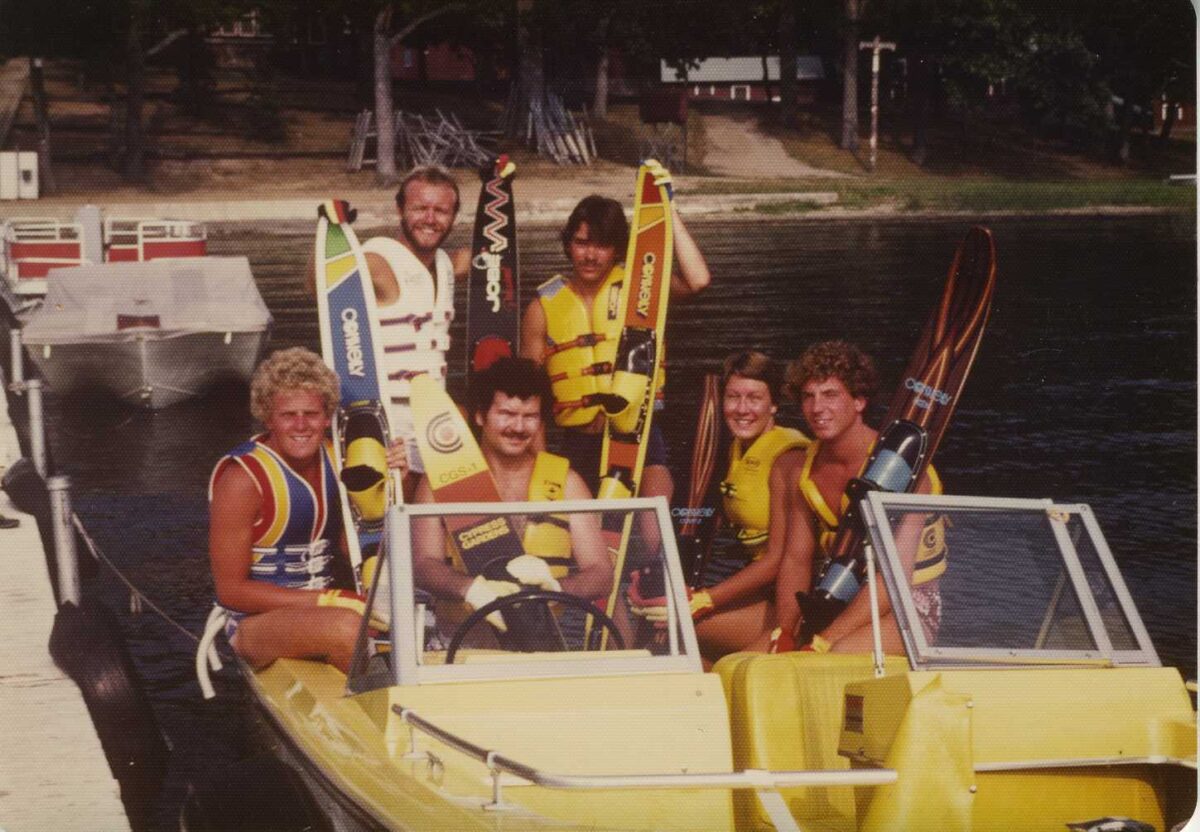 Photo from the early 80's of camp counselors preparing to water ski.